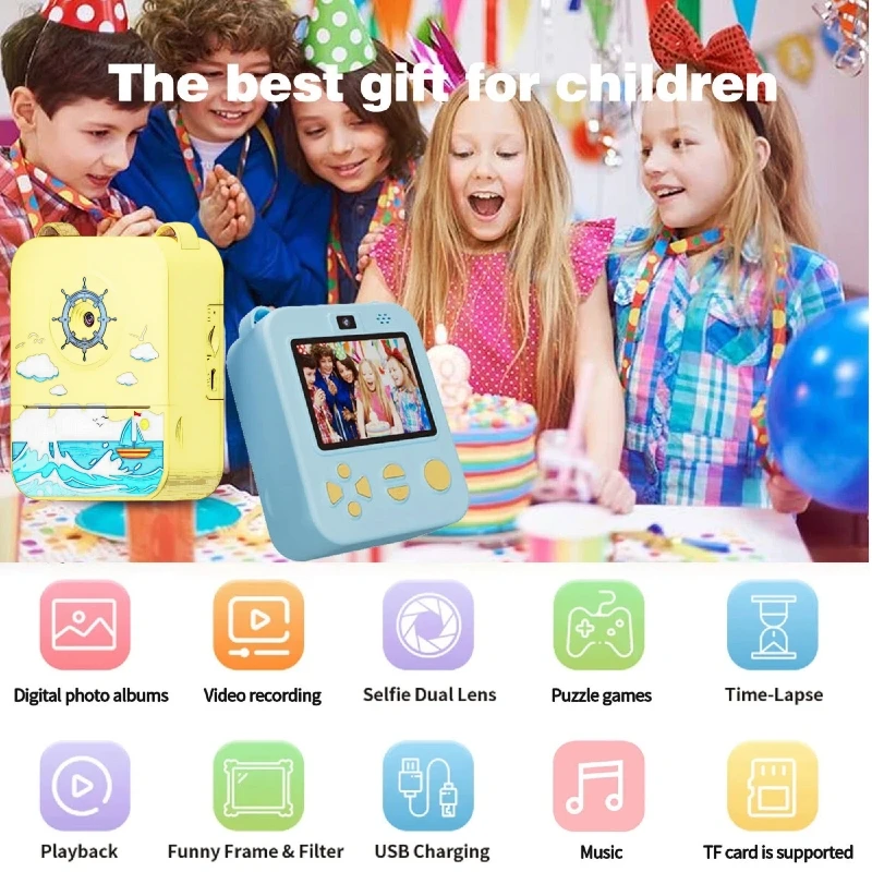 Kids Instant Print Camera Pink Unicorn 1080P HD 3s/5s/10s Thermal Printer for Girls Boys Educational Toy Birthday Christmas Gift