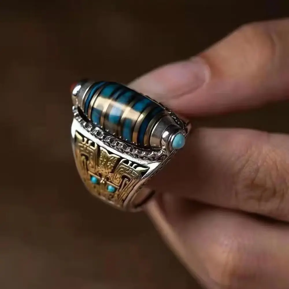 Adjustable Size Nine Turns Dzi Ring Six-character Mantra Vintage Ethnic Style Ring Tibetan Open Luck Rotatable Finger Ring