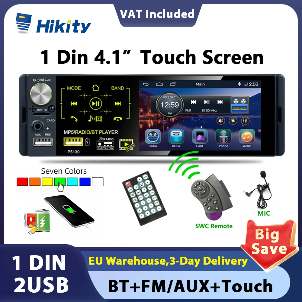 Hikity 4.1 inch Car MP5 player 1 Din Car Radio support TF/USB Card AUX Rear Camera Bluetooth RDS FM Receiver