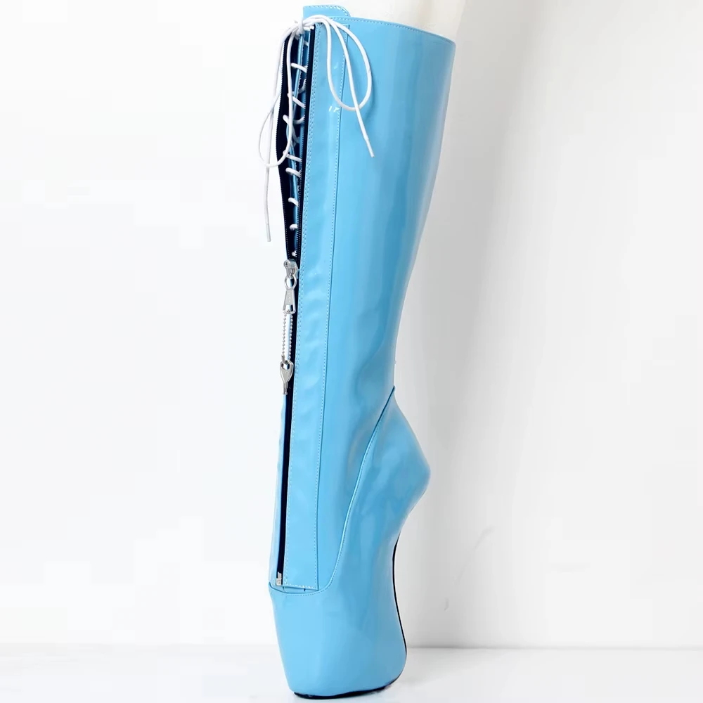 

18CM Hoof Heelless Women Knee High Boots,Fetish Stage Pole Dance Shoes,Lockable Zip Botas,Black,Blue,Yellow,Customized Colors