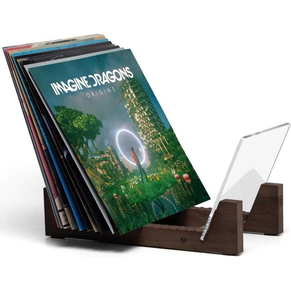 

Vinyl Record Storage - Solid Wood with Crystal Clear Acrylic Holder - Premium Design, Perfect 12 LPs or 7 Singles Display U
