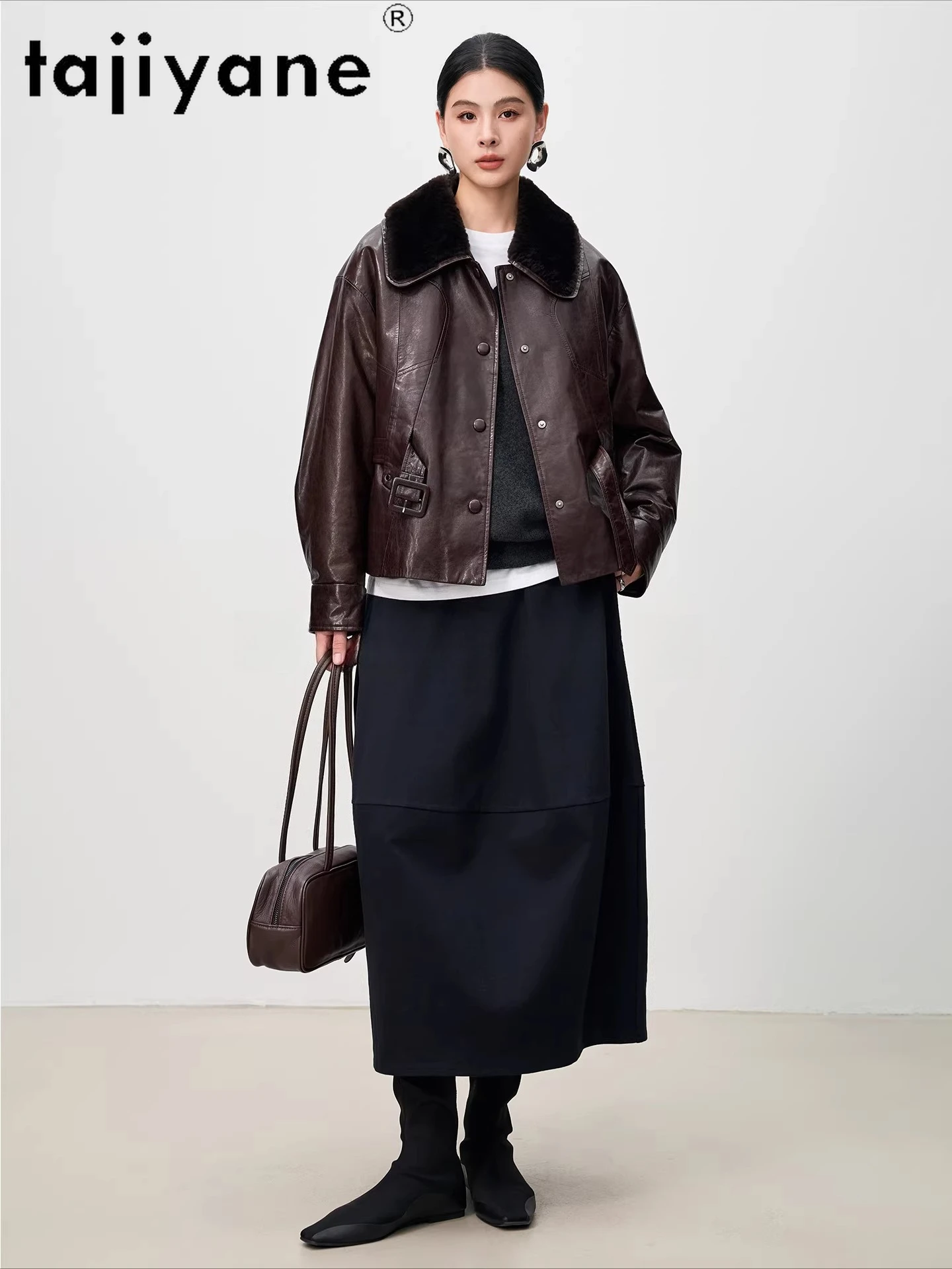 เสื้อโค้ทขนห่านแท้ TAJIYANE พร้อมเข็มขัด แจ็คเก็ตหนังแท้สำหรับผู้หญิง แจ็คเก็ตขนสั้นคอปกขนสัตว์ เสื้อพัฟเฟอร์ 2025 เสื้อผ้าผู้หญิง 롱โค้ท