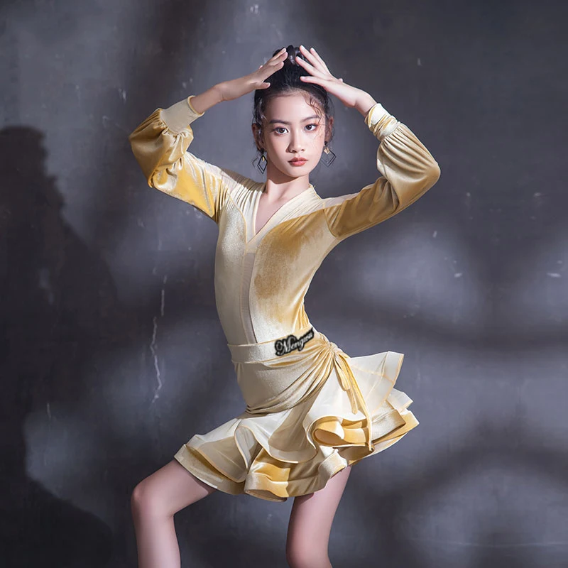

Girls Latin Dance Performance Costumes Yellow Long Sleeved Fishbone Skirt Suit Chacha Rumba Latin Competition Clothing DQL8726