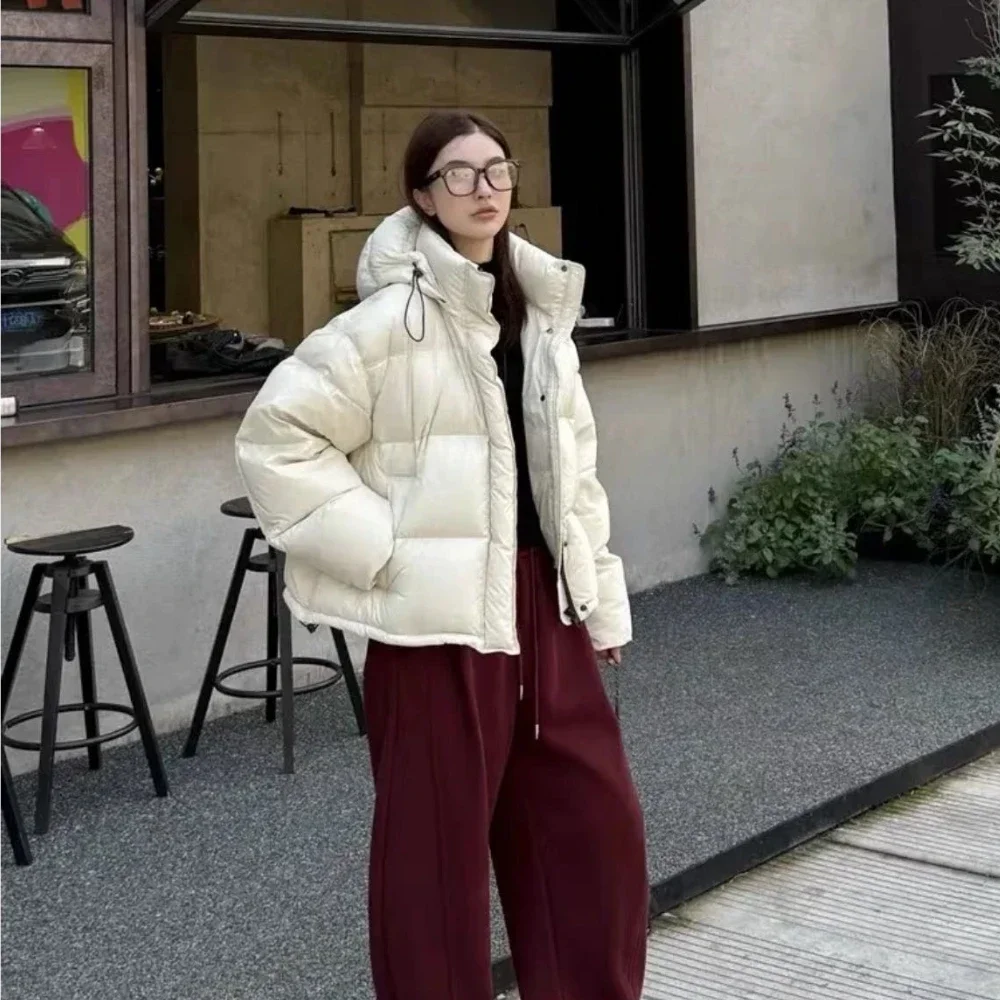 Womens Hooded Short Puffer Jacket Thick White Duck Down Coat Loose Oversized Winter Warm Fashion Outerwear
