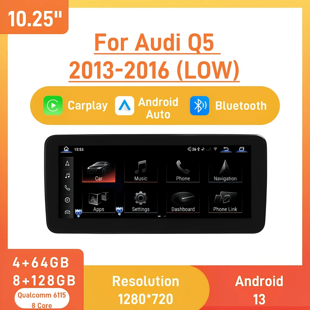 10.25 Inch Car Multimedia Screen Carplay Android Auto Bluetooth 4+64GB 8+128GB 1280*720 HD，For Audi Q5 2013-2016 LOW