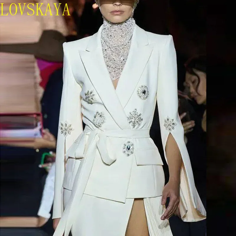 

Women's 2024 Designer White Split Sleeve Women's Jacket Fashionable New Water Diamond Beaded Women's Coat