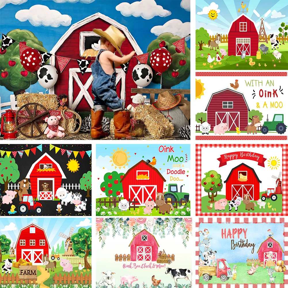 

Baby Birthday Party Red Farm Decor Photography Background Tractor Animal Holiday Celebration Backdrop Prop Boy Girl Cake Photo