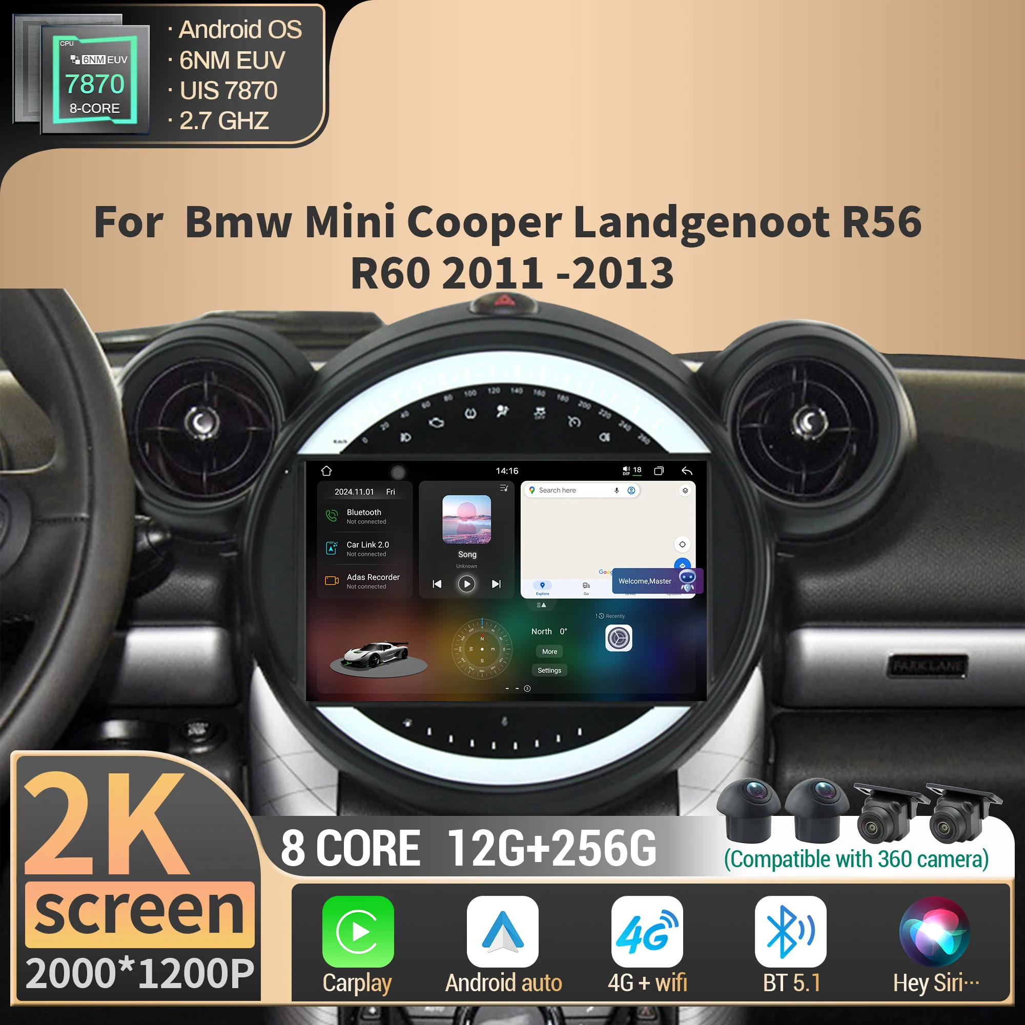 

Android For Bmw Mini Cooper Landgenoot R56 R60 2011-2013 Car Radio Multimedia Wireless BT CarPlay GPS 4G CPU 7870 2K QLED Screen