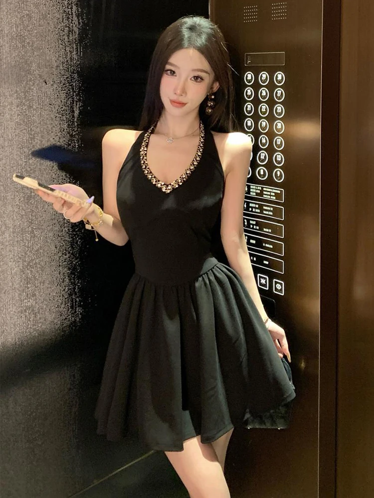 Ropa de mujer exquisito vestido de cumpleaños negro dulce elegante lindo diamantes espalda descubierta Vestidos de fiesta club nocturno Swing Mini vestido de mujer