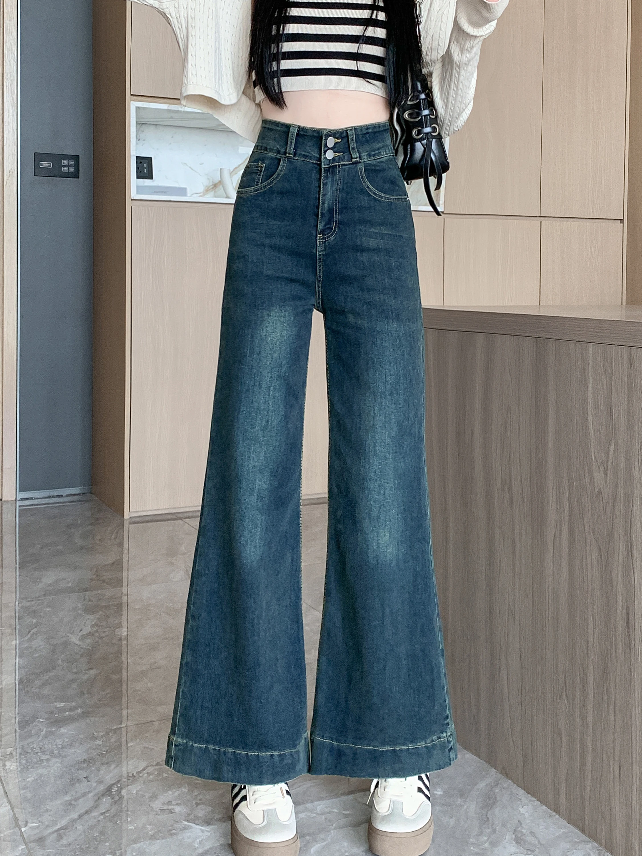 

Джинсы женские с высокой талией, широкими штанинами, синие, весна-осень, новые, стройнящие, длиной в пол