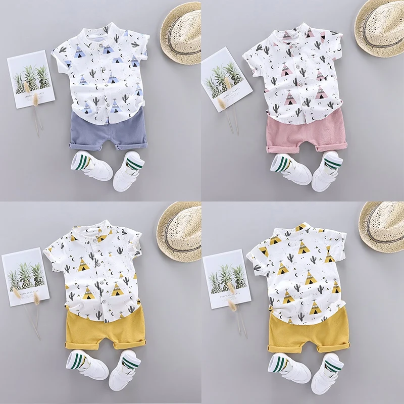 Summer Children Clothing Set Boys Cotton Short Sleeve Printed Shirt Shorts 2Pcs Kids Baby Gentleman Costume Suit 3Month-4Years