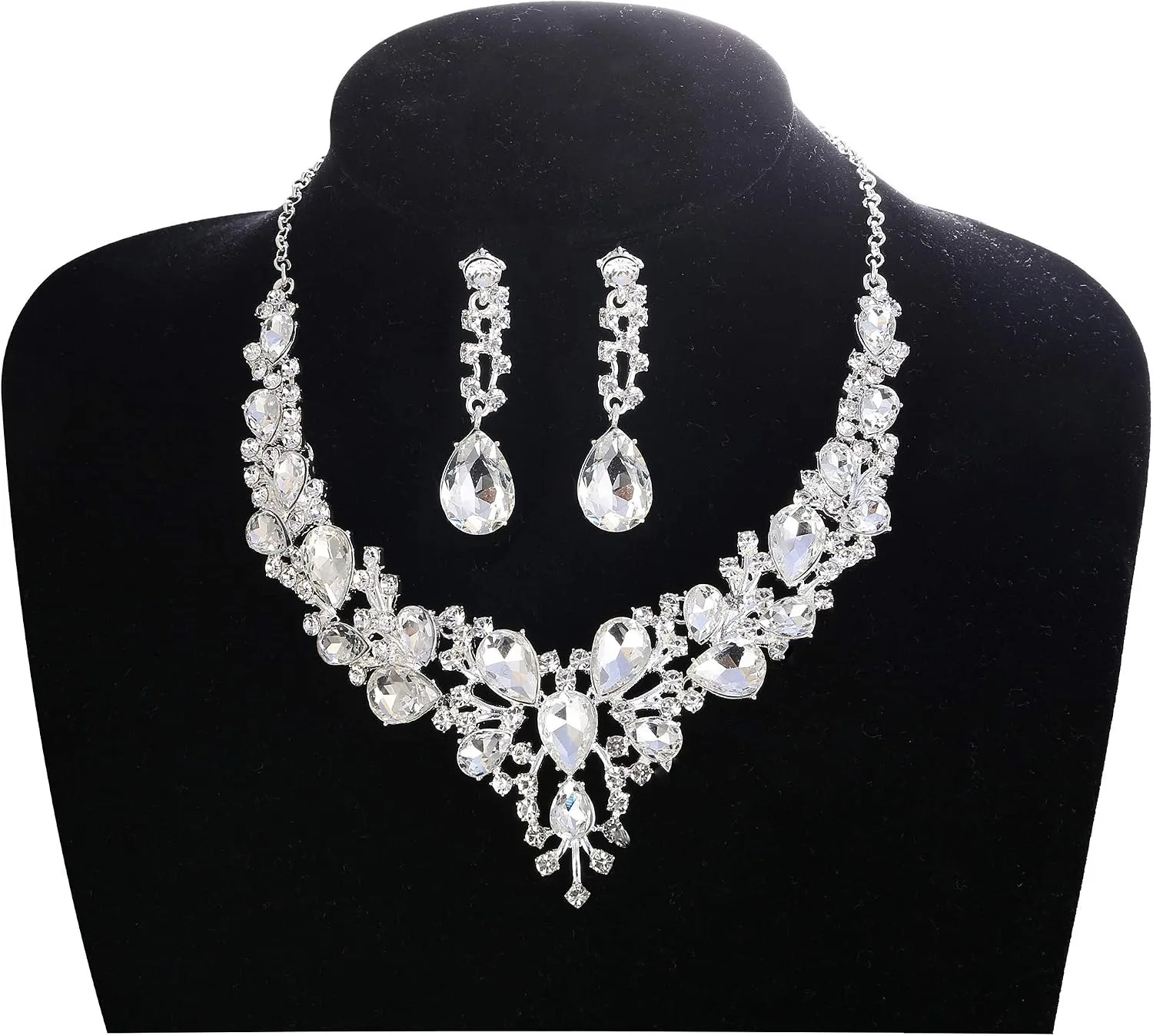 Teardrop Cluster Rhinestone Crystal Bridal Jewelry Set for Women Statement Choker Necklace Teardrop Dangle Earrings Crystal Bracelets Sets for Bridesmaid Wedding Party Prom