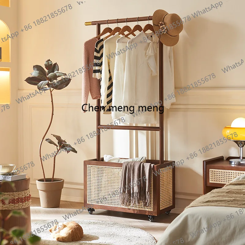 Rattan solid wood hanger floor-to-ceiling bedroom multi-functional removable dirty basket ash wood hanger coat rack