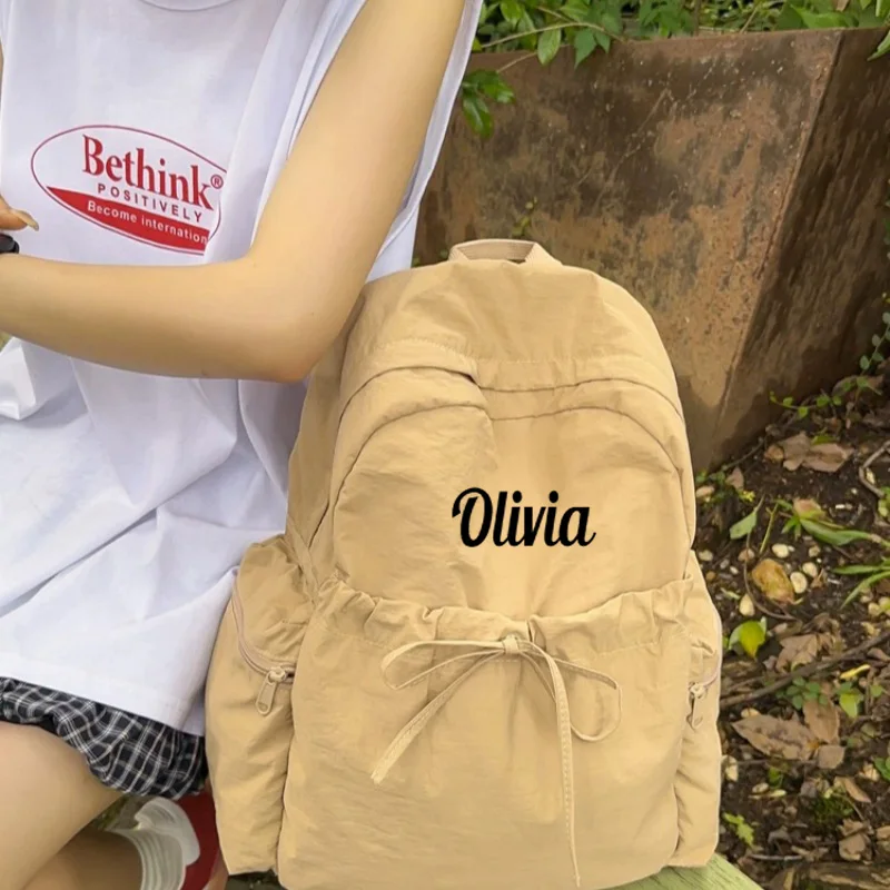 

Customized Embroidered Bow Simple Backpack for High School Girls, Large Capacity Backpack, Lightweight and Comfortable