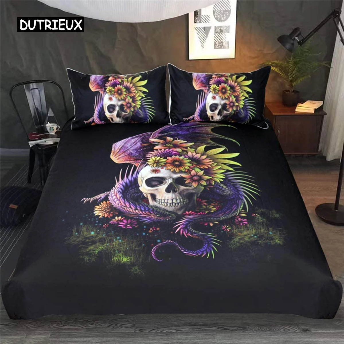 

3D Sugar Skull Comforter Cover Set Twin Size Flowers Print Bedding Set Black Microfiber Polyester Duvet Cover Set