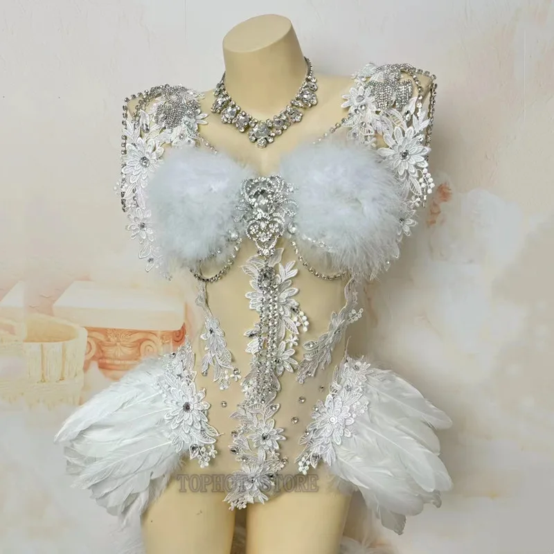 White Feather Rhinestones Bodysuit Sexy Transparent Stage Wear Carnival Party Bar Dancer Performance Clothes Drag Queen Costume