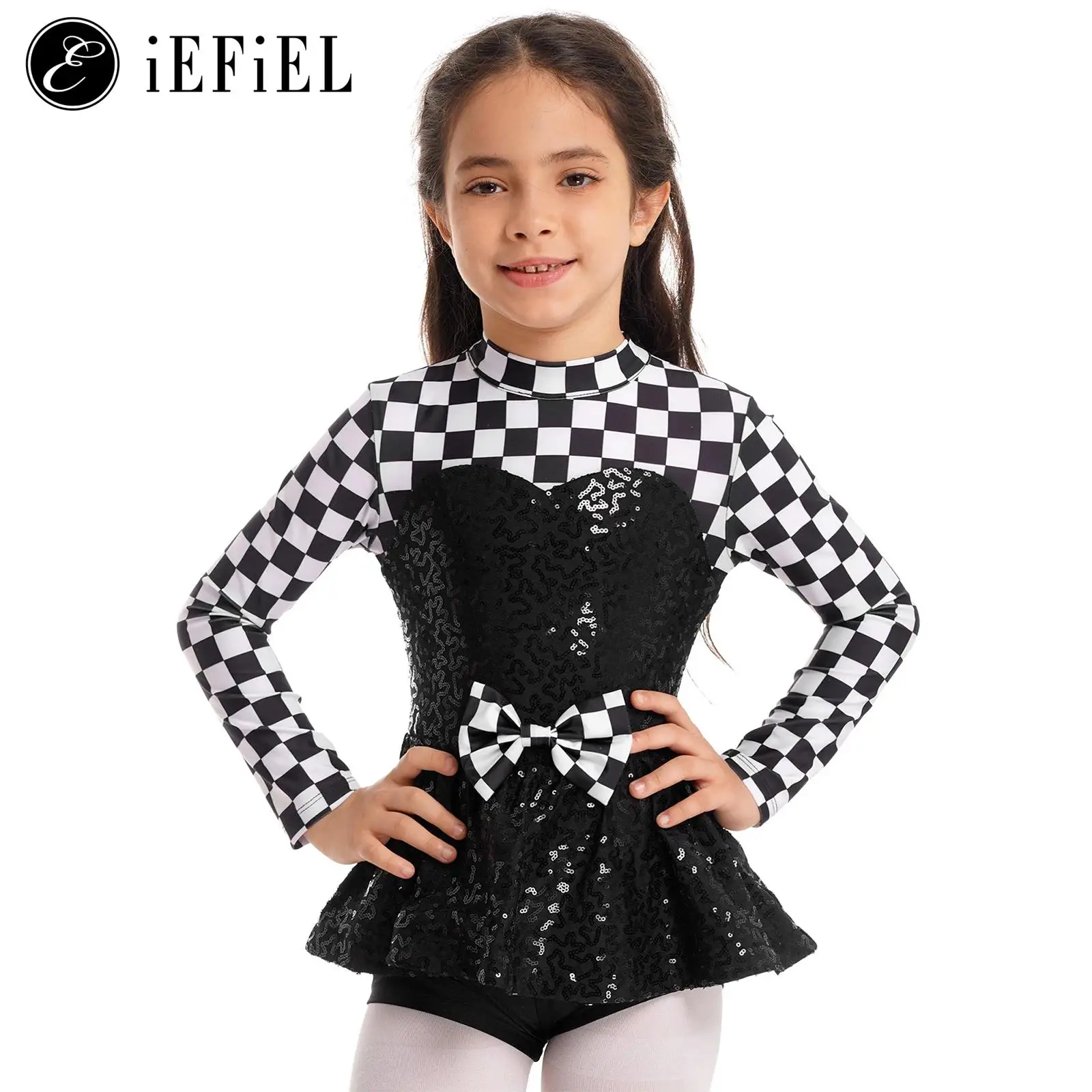 Girls Race Car Driver Costume Long Sleeve Sequins Checkerboard Tutu Dress Sequins Jazz Dance Stage Performance Bodysuits