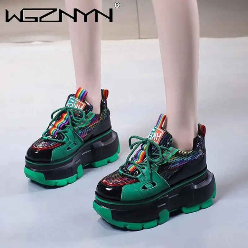 

Women High Platform Bling Sneakers Spring Fashion Increasing Casual Dad Shoes Sports Chunky Leather Sneakers Woman Baskets Femme