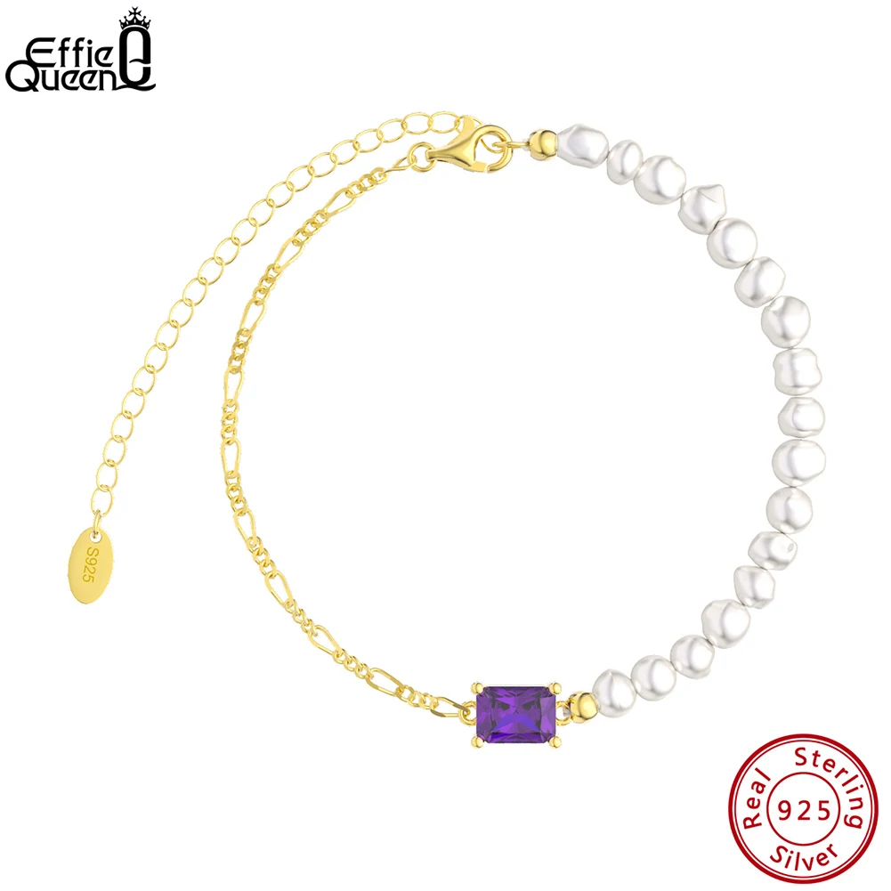 

EFFIE QUEEN Natural Pearl Bracelet 925 Sterling Silver Figaro Chain Bracelet with Zircon for Women Girls Anniversary Gift GPB24