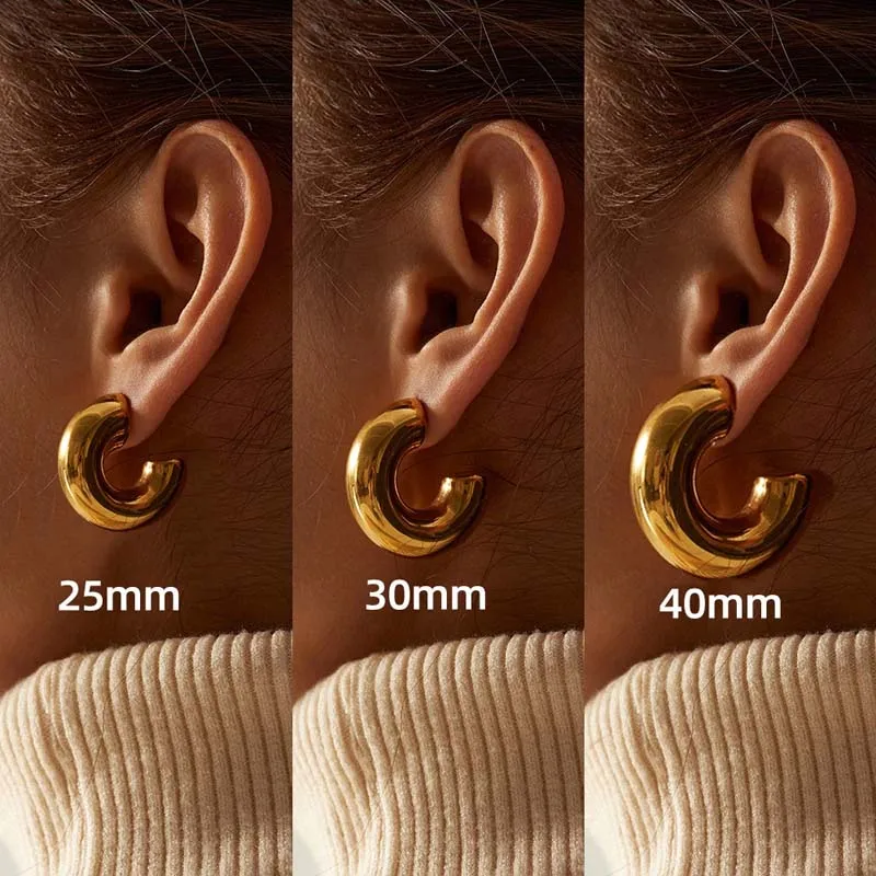 Vintage Stainless Steel Chunky C Shape Hoop Earrings For Women Fashion Gold Color Circle Round Glossy Huggie Earrings Jewelry