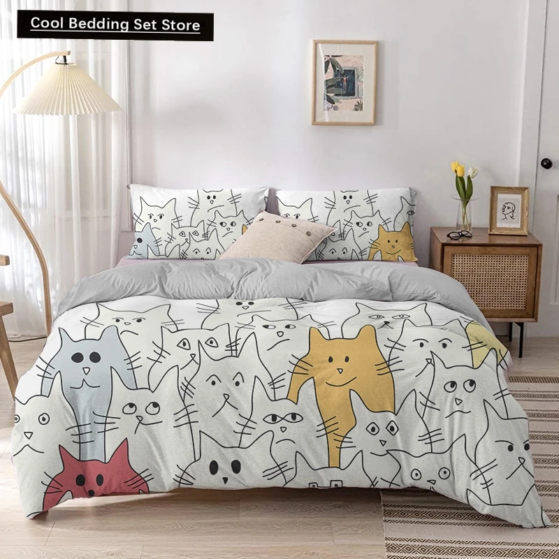 Animal Kitty King Queen Duvet Cover Lovely Pet Cat bedding set Cartoon Quilt Cover 2/3pcs Colorful Polyester Comforter Cover
