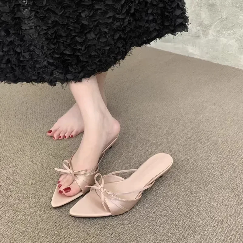 

Shoes for Women 2025 Fashion Summer New Peep Toe Women's Slippers Pointed Toe Butterfly-knot Low-heel Sexy Modern Slippers