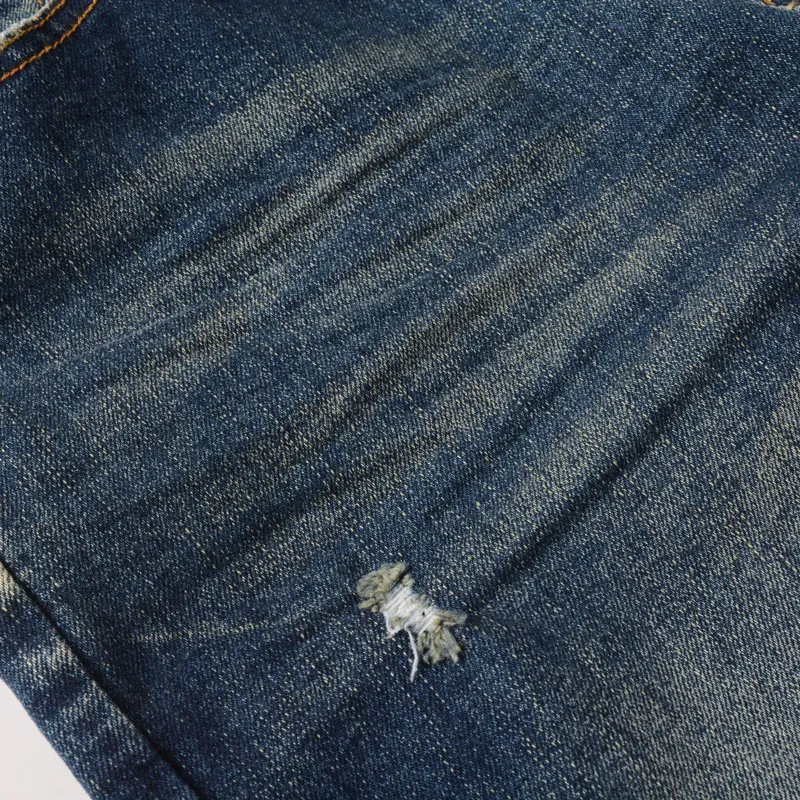 Latest designer fashion new men's jeans stretch slim fit retro blue jeans with hole patch high street hip-hop brand high-quality