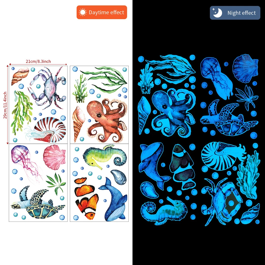 

Cartoon Marine Life Luminous Wall Sticker Glow In The Dark For Children's Room Bathroom Decor Octopus Sea Turtle Fish Decals