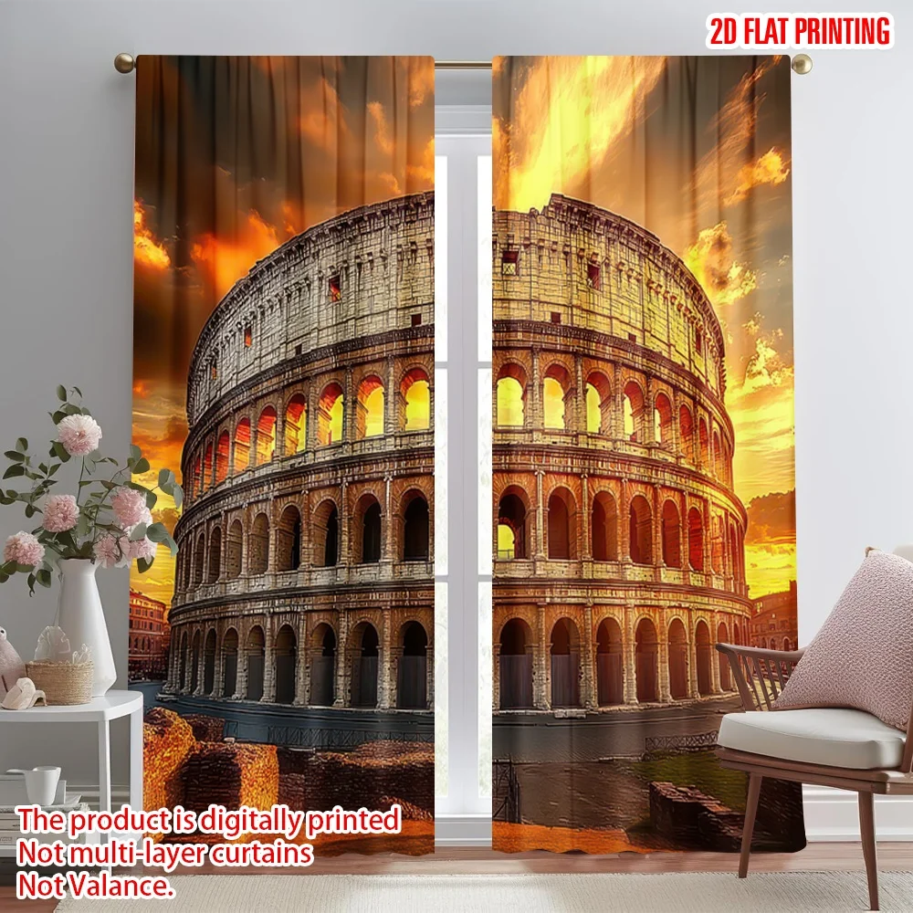 

2D flat printing 2pcs Window Curtains Colosseum at Sunset Digital Printed Polyester Drapes Holiday Decorations for Holiday