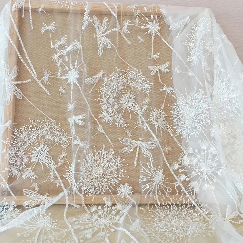 Off White 3D Beaded Tulle Lace Fabric with Dandelion Dragonfly Haute Couture Weddiing Gown Beach Dress DIY Flower Fabric