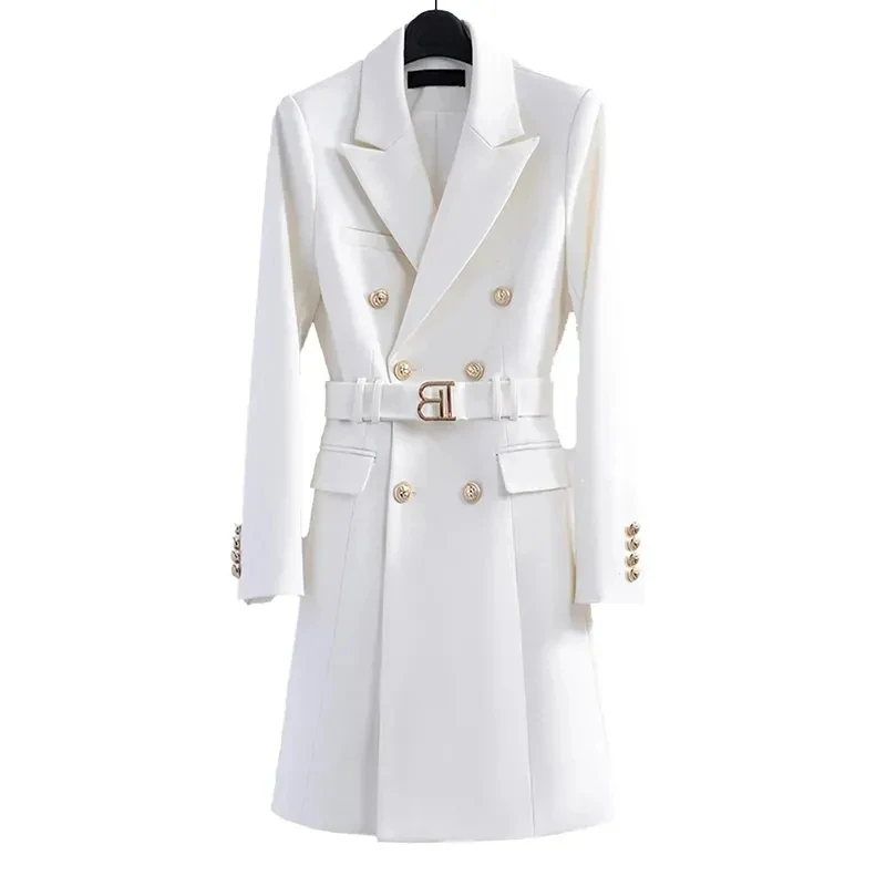 2024 New Spring Autumn Mid-Length Women\'s Suit Dress Fashion Jackets Button Slim Belt Notched Casual Blazer Coats White Outwear