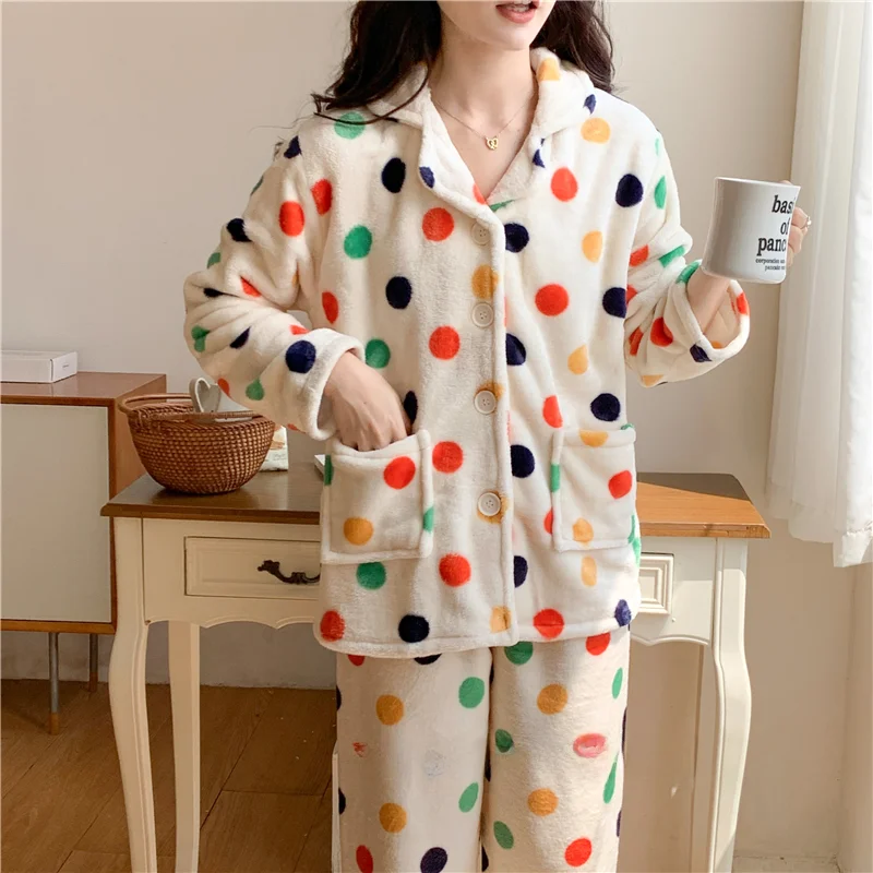 

Thickened Coral Fleece Sleepwear Women's Autumn Winter Home Clothes Long Sleeve Cute Cartoon Print Home Suit Long Pants
