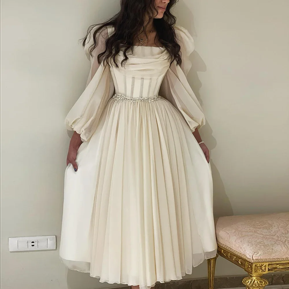 Vestido de noite curto chiffon com cinto para mulheres, comprimento chá, midi curto, vestidos de casamento formal, vestido de baile árabe, mangas compridas