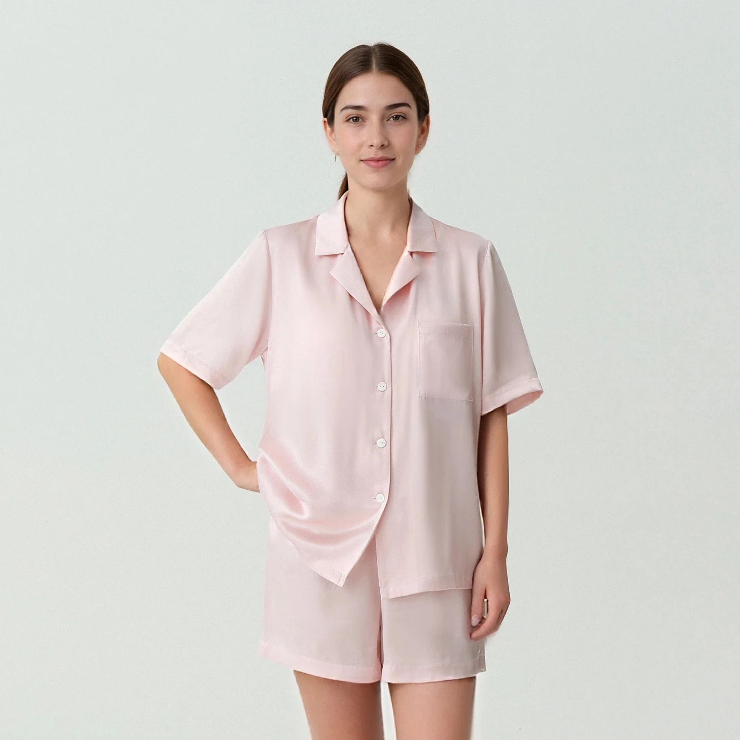 Women's 100% Mulberry Silk Pajamas Set Short Sleeve Shorts with Bra Pads Comfortable Sleepwear Summer Pajama Loungewear Homewear