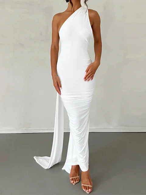 Neon Y2K Clothes One Shoulder Sleeveless Backless Ruched Bodycon Maxi Dresses For Women Club Birthday Party Evening Prom