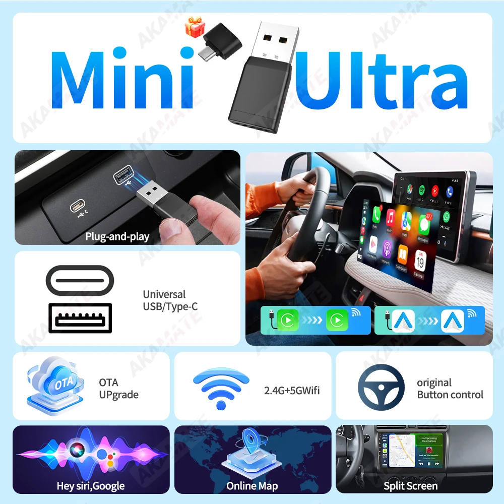 محول CarPlay اللاسلكي المحمول Android التوصيل والتشغيل التلقائي بلوتوث لراديو السيارة الأصلي السلكي إلى اللاسلكي 2in1 Super Mini