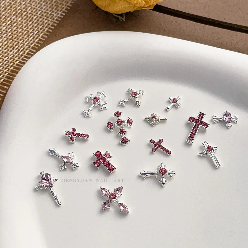 New Cross-Shaped Nail Art Accessories, Popular Alloy Decorations, DIY Rhinestone Pink Retro-Style Nail Art Decorations