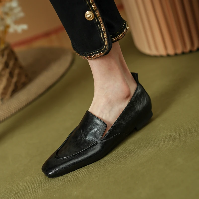 Soft Genuine Leather Square Toe Flats Slip On Women Loafers Simple Style Daily Shoes Lady Shoes Spring Autumn Women Flats