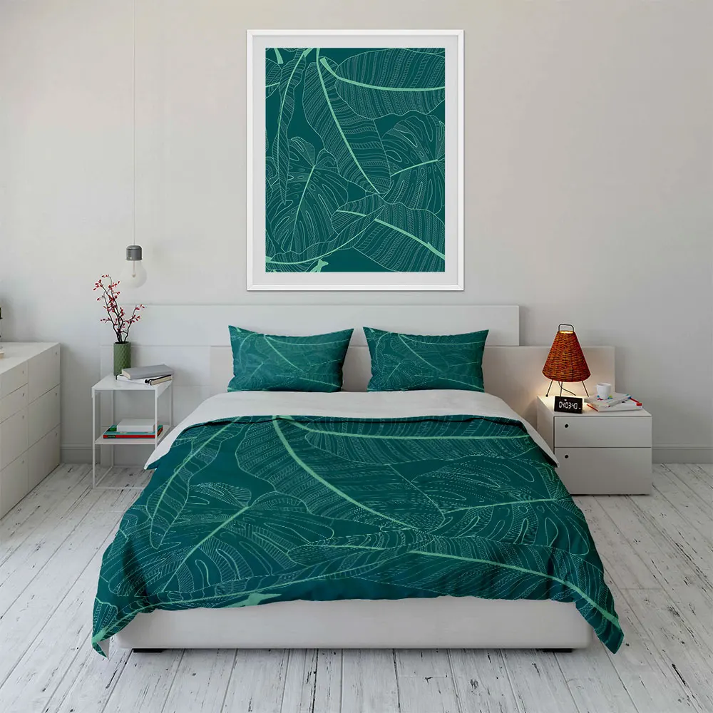 Green Line Leaf Pattern Background Bedding Set for Kids Luxury Gift 3pcs Digital Print Comforter Set Soft Comfortable