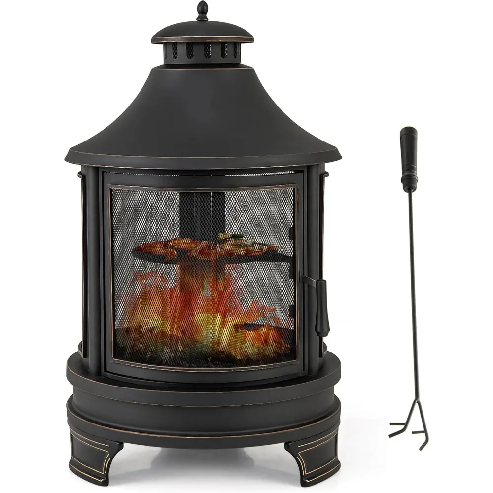 

2 in 1 Outdoor Fire Pit with Grill,30 Inch Metal Chiminea,Spark Screen Door & Fire Poker,Patio Firepit for Garden, Backyard, BBQ