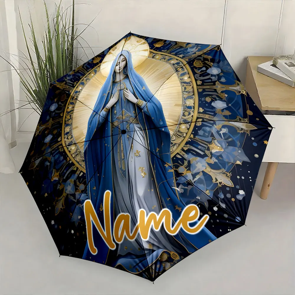 Custom Name Umbrella Elegant Umbrella with Religious Icon Design Print 8 Iron Ribs Folding Umbrella Auto-Open Fashion Sunshade