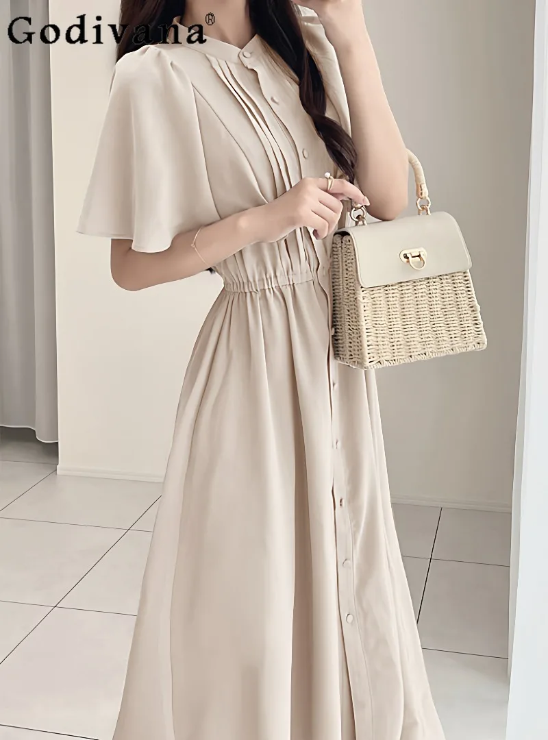 

Japanese Style Sweet Elegant High-waisted Slimming Long Dress 2026 Summer New Daily Versatile Small Fly Sleeve Dress