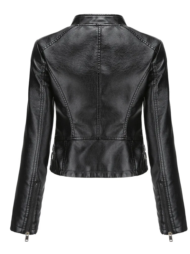 New In Women Sring Autumn Black Faux Leather Jackets Zipper Rivet Short Basic Coat Fashion Slim Female Motor Biker Pu Jacket