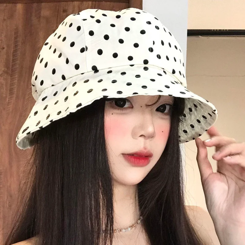 

Women's Polka Dot Bucket Hat White Black Print Casual Sun Hat Fashion Foldable Summer Beach Fisherman Cap