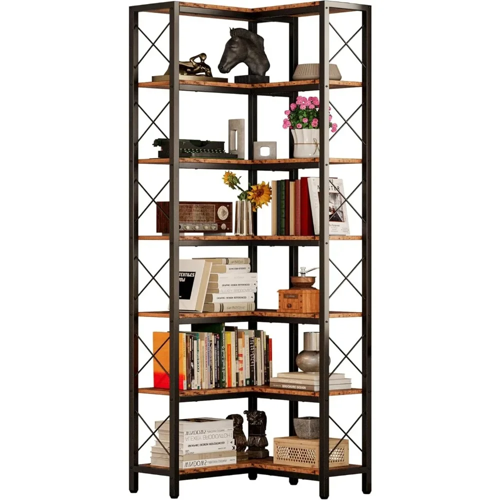 Corner Bookshelf, 7-Tier Industrial Corner Bookcase, Tall Corner Shelf Storage Display Rack with Metal Frame for Living Room