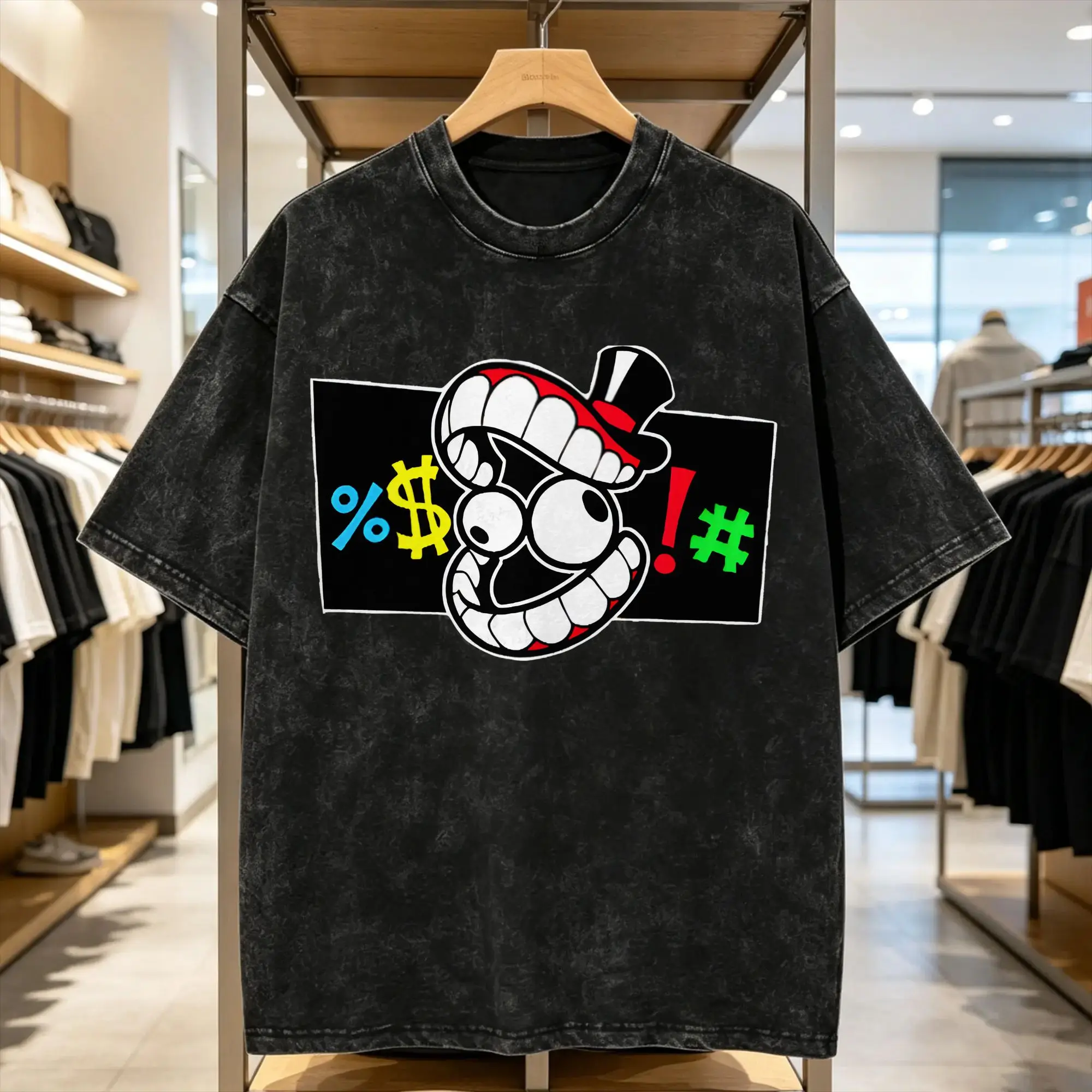 T-shirt pour homme Cartoon Digatal Circus, style délavé, impression graphique, manches courtes, col rond, en coton