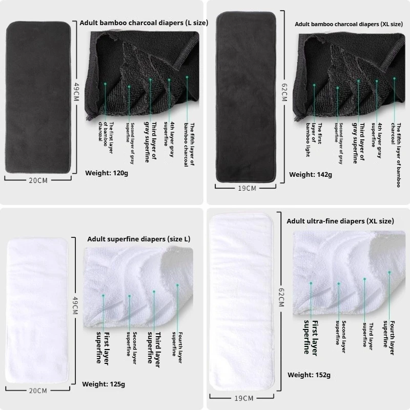 Reusable Washable Adult Diapers Elderly Bamboo Charcoal Pads Super Absorbent Fiber Underpads Leakproof Incontinence Cloth Diaper