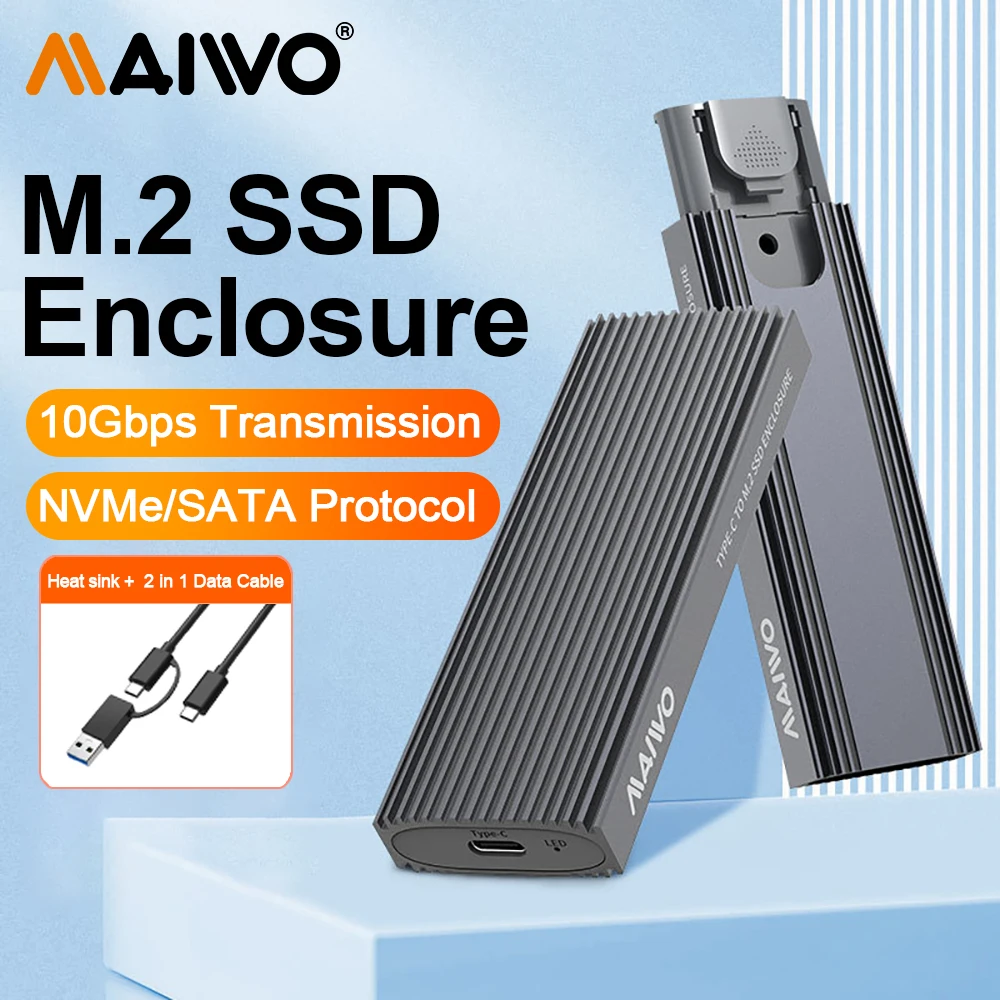 MAIWO-carcasa M.2 NVMe SATA SSD, adaptador de 10Gbps PCIe tipo C M2 SSD, carcasa con diseño de aluminio sin herramientas, USB 3,2 Gen 2