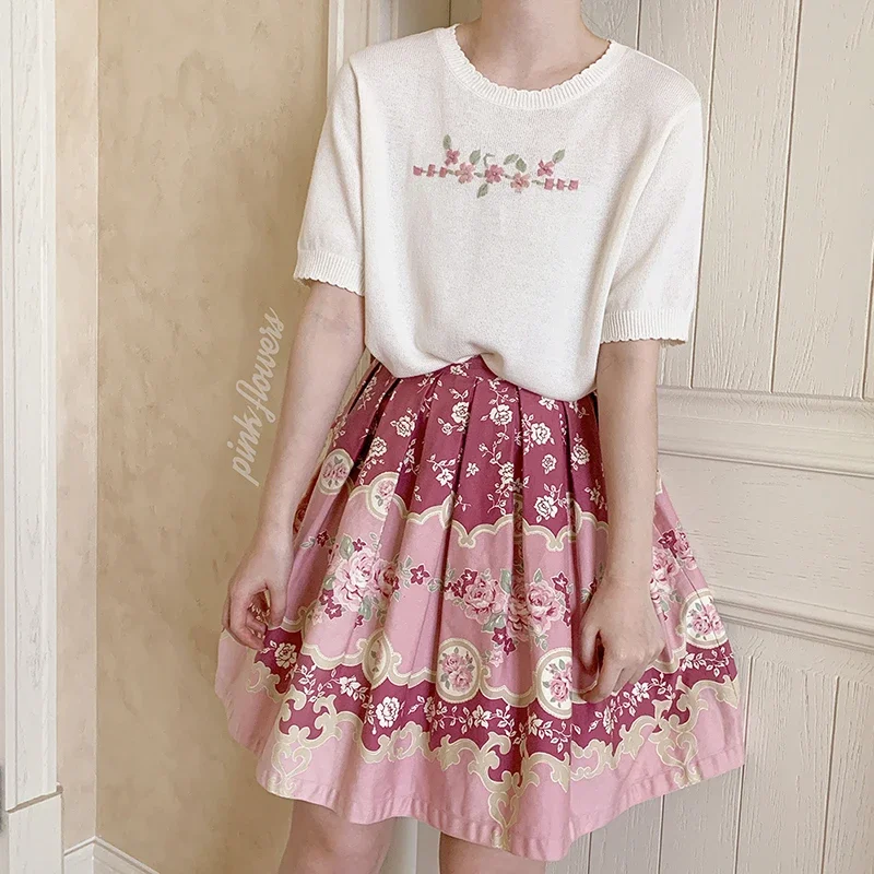 Prairie Chic Knitted Tops Women Handmade Floral Embroidery Loose Tee for Sweet Girl Kawaii Clothes