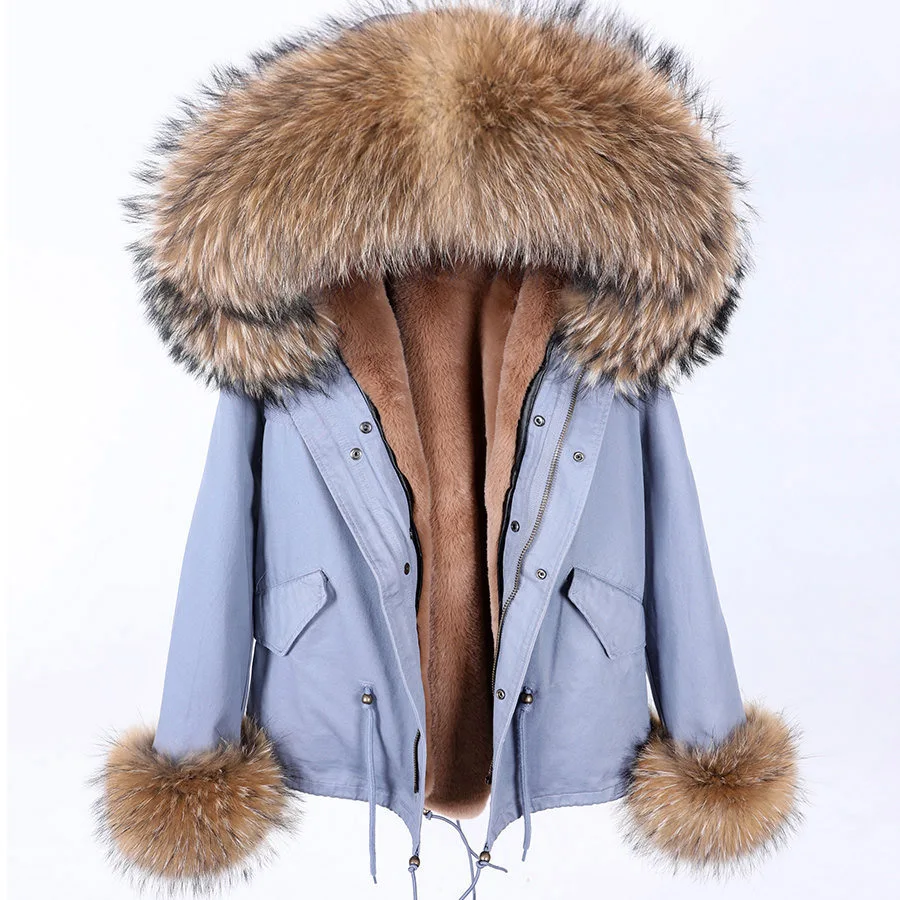 MAOMAOKONG 2024 Add cuff fur Winter Clothes Women Natural fur coat Real Raccoon Fur Collar Parkas Faux Fur Lining Short Jacket